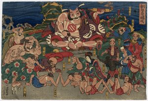 19世紀の奇妙な国々を旅する俳優朝比奈（カラー木版画）